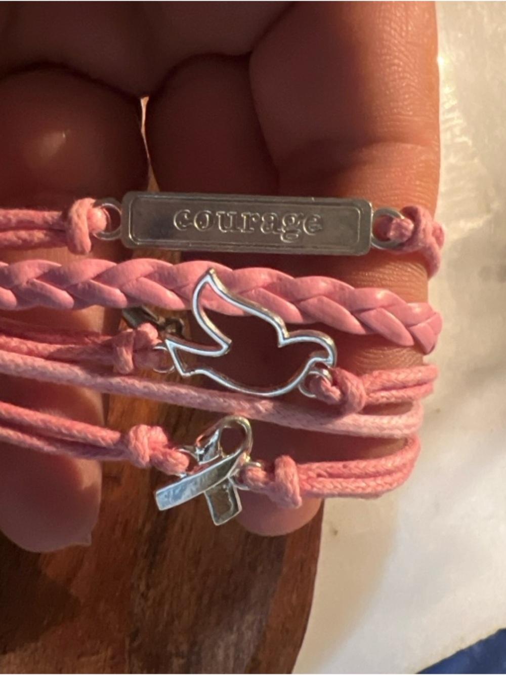 Pink 'Courage' Multi-Strand Charm Bracelet with Dove and Ribbon Accents